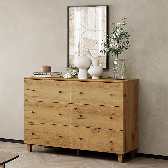 WAMPAT Dresser with 6 Drawers for Bedroom, Wooden Kids Dressers with Wide Chest of Drawers, Modern Closet Storage Organizer Furniture with Solid Wood Legs for Living Room, Hallway, Nursery, Oak Brown