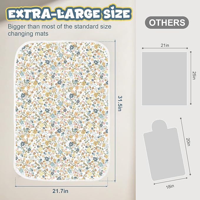 Baby Diaper Changing Pad – 31.5" x 21.5" Extra Large Waterproof Absorbent Portable Changing Mat, Reusable Changing Pad Liner for Travel or at Home Use(Floral1)
