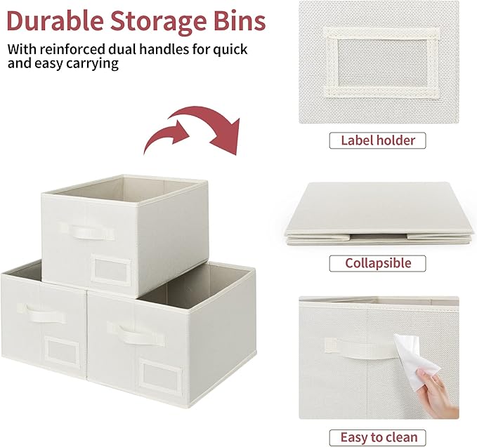 GRANNY SAYS Closet Organizer Bins with Label Holder, Fabric Storage Baskets, Foldable Storage Bins for Living Room, Decorative Storage Containers Organizing, Pearl White, 3-Pack