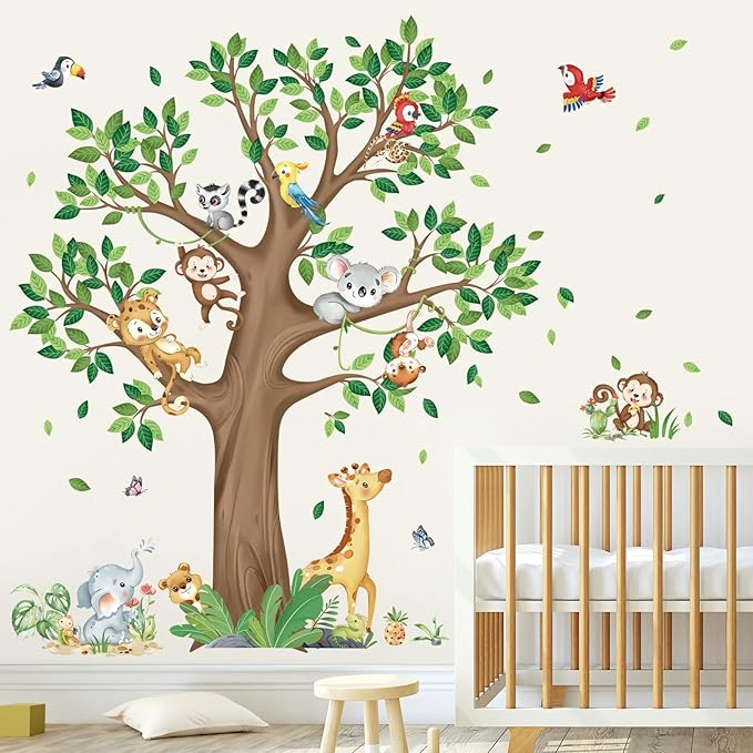 decalmile Large Jungle Animal Tree Wall Decals Giraffe Koala Leopard Safari Wall Stickers Baby Nursery Kids Bedroom Toddler Room Wall Decor
