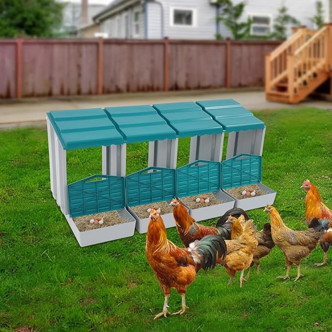 Chicken Nesting Box, 4 Compartments PP Nesting Box, Wall Mountable Nesting Boxes with Inclined Top, Drain Holes & Resting Platform for Chicken and Poultry to Collect Eggs