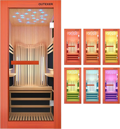 Infrared Sauna 1495W Wooden Saunas Spa Room Pacific Clear Cedar Wood Single Person Indoor Saunas with Special Shaped Comfortable Backrest 32.68 * 47.24 * 69.29 Inch