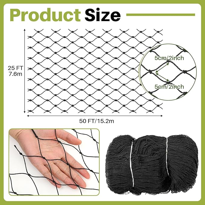 25 x 50 ft Aviary Bird Netting Chicken Netting Commercial Grade Heavy Duty Knotted 2 inch Mesh for Chicken Coops Poultry Blueberries Fruit Trees Net Aviary Gamefowl Garden