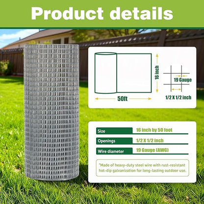 16" x 50' Hardware Cloth - 19 Gauge Heavy-Duty 1/2 Inch Welded Chicken Wire, Hot-Dipped Galvanized Mesh for Chicken Coop & Garden Fencing