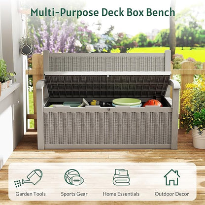 70 Gallon Storage Bench Deck Box,Patio Storage Benches with Armrest, Lockable Bench Outside, Waterproof for Pool Patio Garden (Grey)