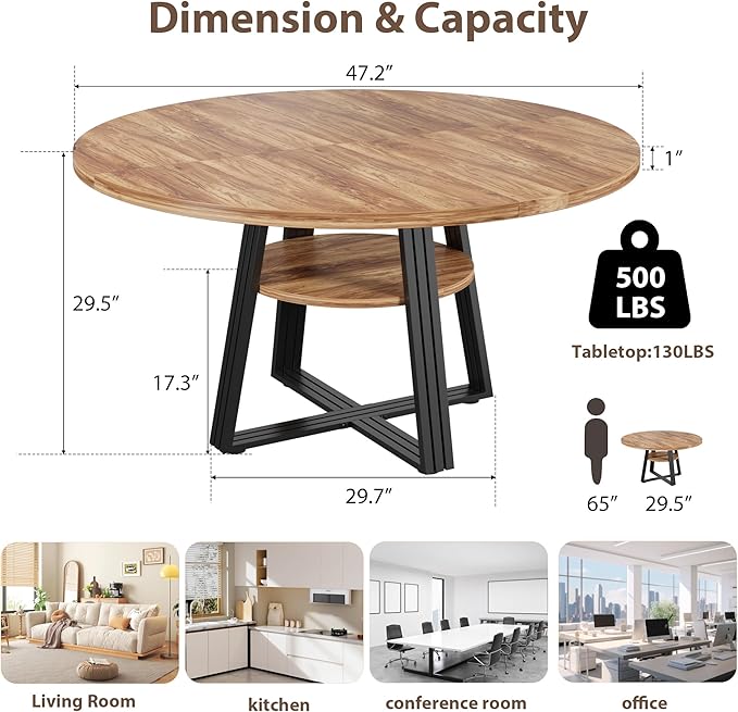 GarveeHome Round Dining Table for 4-6, 47.2" Farmhouse Kitchen Table with Storage, Circle Dinner Tables for Kitchen, Dining Room, Living Room, Meeting Room, Apartment, Retro
