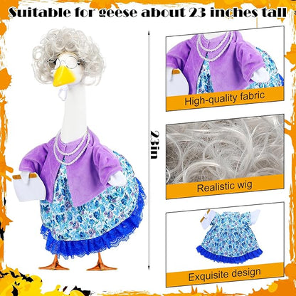 Abbylike Halloween Porch Goose Outfits Old Lady Goose Clothes with Sunglasses Pearl Necklace and Silver Wig for 23" Geese Halloween Outdoor Patio Yard Lawn Decoration