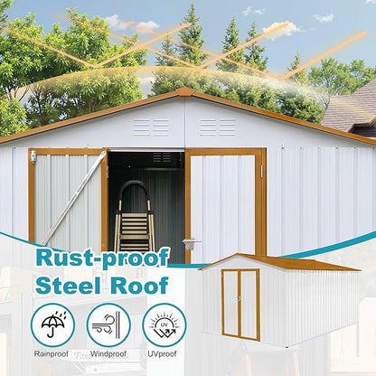 Sheds & Outdoor Storage 12 ft × 10 ft Storage Shed Large Classic Apex Roof Metal Garden Storage Sheds with Hinged Door Tool Cabinet for Backyard, Patio, Poolside, White + Yellow