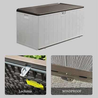 110 Gallon Pro Outdoor Storage Box, Waterproof Resin Deck Box for Patio, Pool, and Garden, Lockable Bin for Cushions, Tools, and Accessories, UV-Resistant, Grayish Brown
