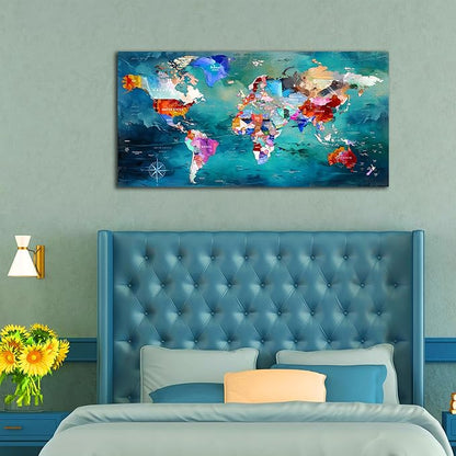 ZHAOSHOP World Map Canvas Wall Art for Living Room - Teal Wall Decor - Office Artwork Wall Decor Ready to Hang Size 29" x 59"
