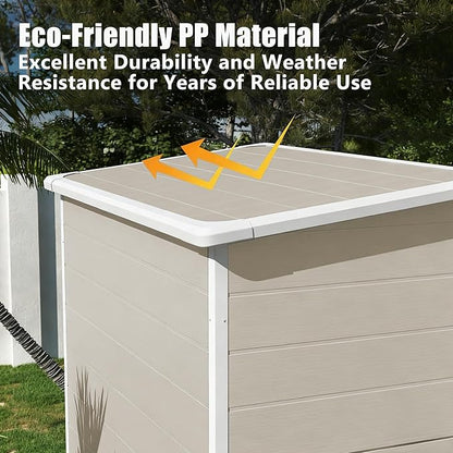 Outdoor Shed 5x3/6x4/7x7/8x6/8x10/8x12 FT, 15MM Thick PP Resin Plastic Shed with Lockable Door & Floor - Waterproof Plastic Tool Shed for Bike, Garbage Can, Backyard, Patio ﻿ ﻿ (Light Brown, 5X3FT)
