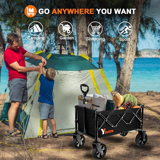 Collapsible Wagon with All Terrain Wheels, Large Grocery Cart On Wheels, 220LBS Utility Folding Wagon for Camping Shopping Beach Sports Fishing, Black