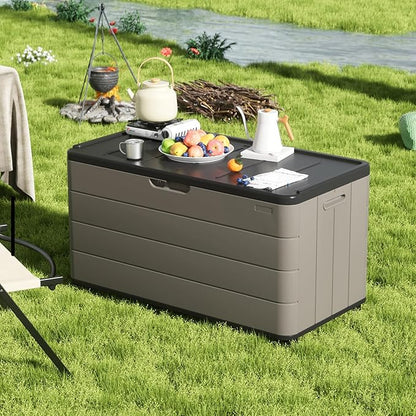 ZZM 110 Gallon Outdoor Deck Box with Wheels, Waterproof Resin Storage Cabinet for Patio Cushion and Tools, Lockable Storage Box, Coffee