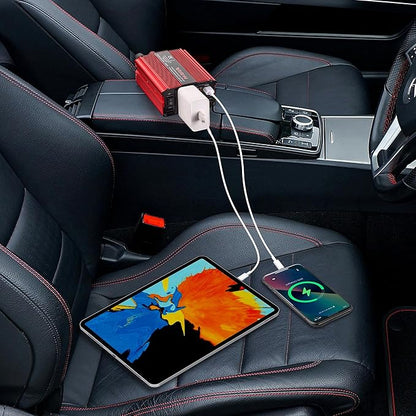 300W Power Inverter DC 12V to 110V AC, Durable Aluminum Housing Car Charger Adapter with 1A USB Charging Port, 1.6ft Car Plug in Cigarette Lighter Outlet for Phone, Laptop