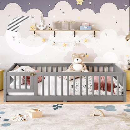 Bellemave Full Size Floor Bed with Rails for Kids, Girls, Boys, Pine,Plywood Floor Bed with slats and Door, Grey