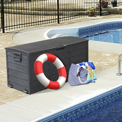 75 Gallon Resin Deck Box, Waterproof Outdoor Storage Box with Wheels, Lockable Lid and Handles, Large Deck Storage for Outdoor Gear, Patio Furniture Cushion, Gardening Tools, Jet Black