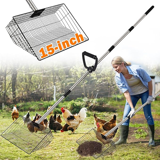 Extra Large Chicken Poop Scooper – 15'' Wide Stainless Steel Litter Cleaner, 5-in-1 Adjustable Handle (37-77 Inch), for Chicken Coops, Poultry Barns, Durable Farm & Outdoor Tool
