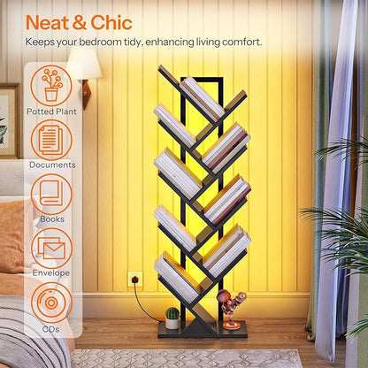 HOOBRO Tree Bookshelf, 9-Tier Tree Bookshelf with Lights, Space-Saving Book Shelf, Holds Books, CDs, Floor Standing Bookcase for Office, Living Room, Bedroom, Black BB08DSJ01