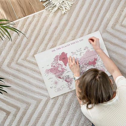 ElephantStock - Places You'll Go Push Pin World Map Wall Art - Horizontal Canvas Wall Art - Living Room Wall Decor - Digital Art Map Canvas Art - White And Pink Decor - 24" x 16"