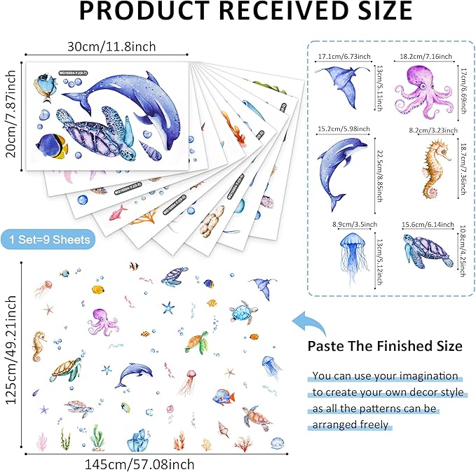9 Sheets Under The Sea Wall Stickers Decals, ULENDIS Ocean Animal Sea Turtle Seaweed Whale Fish Wall Sticker, Removable Marine Themed Wall Decorations for Nursery Bedroom Bathroom Living Room