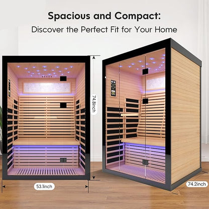 Home Sauna Far Infrared Sauna Dry Sauna for 2 Person,7-Colors LED Light Indoor Sauna Room with Low EMF 2160W,10 Minutes Pre-Warm up,Canadian Hemlock Wood