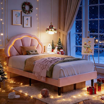 HIFIT Twin Upholstered Smart LED Bed Frame with Adjustable Chic Petal Headboard, Princess Twin Size Platform Bed Frames for Kids/Girls, Wooden Slats Support, No Box Spring Needed, Easy Assembly, Pink