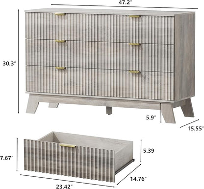 6 Drawer Dresser for Bedroom, Fluted Dressers Chest of Drawers with Gold Handle, Mid Century Modern Dresser for Closet, Wood Closet Storage Organizer Furniture for Bedroom, Living Room, Hallway, Grey