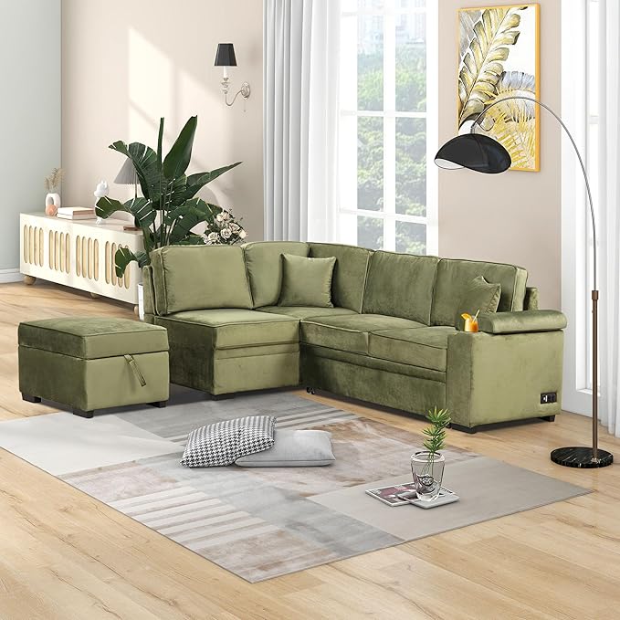Ball & Cast Sleeper Sofa Bed L Shaped Couch with Storage Ottoman,Pull-Out Sectional Sofa Couch w/Cup Holder and Charging Stations,for Living Room and Small Apartment,Green