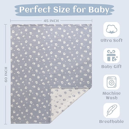 NTBAY 3 Layer Oversized Muslin Cotton Toddler Blanket, Jacquard Reversible Nursery Bed Blanket, Super Soft and Thermal for All Seasons, Baby Gift, 45"x60", Blue Elephant