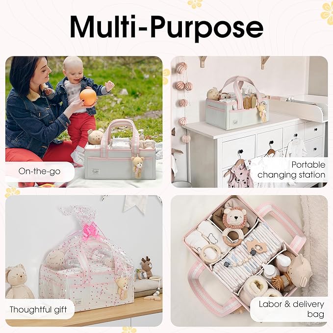 PeraBella XL Diaper Caddy Organizer With Handle, Baby Shower Gifts Basket Bag, Registry Search Must Haves Items, Newborn Girl Boy Nursery Storage Organizer, Baby Bag Essentials, Car Diaper Caddy Cart