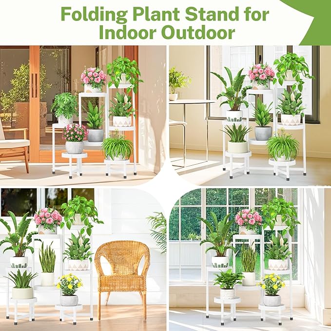 iDavosic.ly 7 Tier Folding Plant Stand Indoor Outdoor with Plastic Tray, Tiered Corner Flower Holder Shelf, Metal Orchid Display Rack for Patio Porch Living Room Garden Balcony, White