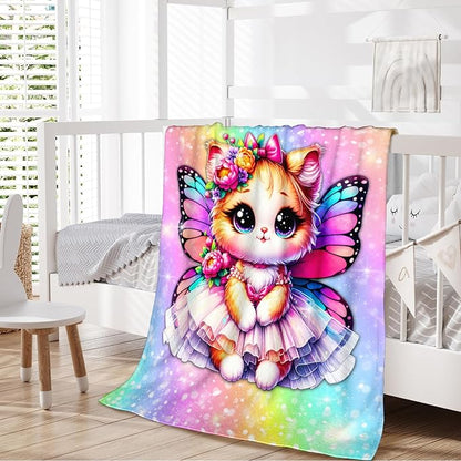 Girls Cat Blanket, Throw for Toddler Kids Daughter Cat Lovers 30x40 Inches Soft Cozy Rainbow Print Throw Blankets for Sofa Couch Bed Travel Cute Birthday Gift