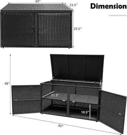 Tangkula Outdoor Wicker Storage Box, Garden Deck Bin with Steel Frame, Rattan Storage Box with Lid, Ideal for Storing Tools, Accessories, 88 Gallon Capacity (Black)