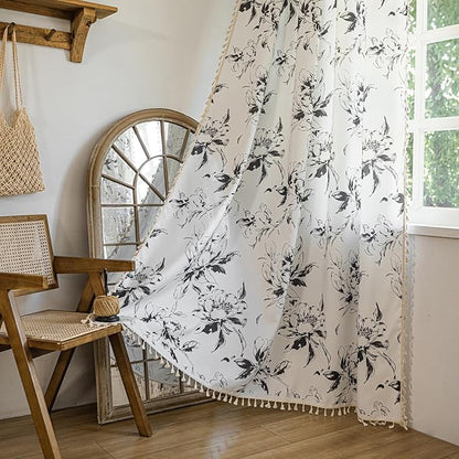 ENJOYBRIDAL Floral Curtains 63 Inches Long Semi Sheer Living Room Drapes Boho Bedroom Rod Pocket Short Window Curtain Panels Cute Patterned Light Filtering Farmhouse 2 Panels Window Treatments