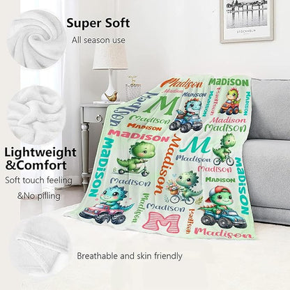 Personalized Dinosaur Truck Blanket Gifts for Girls Boys Women - Super Soft Cozy Warm Throw Sheet for Couch Bed Sofa Office Decor All Season 90"x120" for Whole Family