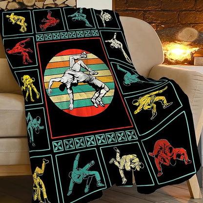 Wrestling Fleece Blanket Sports Wrestle Throw Blankets for Girls Boys Super Soft Warm Flannel Vintage Colorful Throws Gifts for Men Women Cozy Fuzzy Plush Stuffed Couch Bed Bedding Decor 60"x50"
