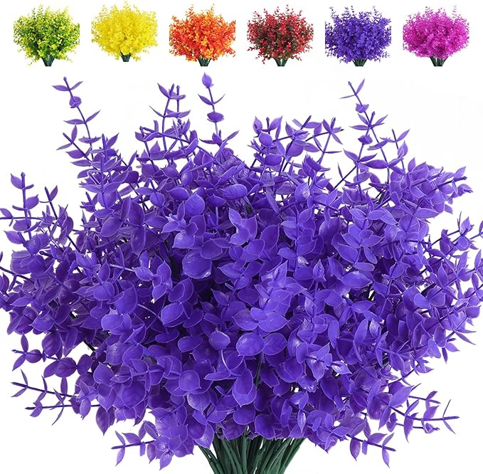 RECUTMS Artificial Plants Outdoor Artificial Ferns for Outdoors Purple Plants Outside Plastic Flowers for Outdoors Purple Outdoor Artificial Boxwood Fake Plants for Window Box(Pure Purple Eucalyptus)