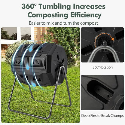S AFSTAR Composter Tumbler Outdoor, 42-Gal Dual Chamber Tumbling Composter with 2 Sliding Doors, Metal Frame, BPA-Free Large Rotating Compost Bin Tumbler for Garden Yard Waste (Black)