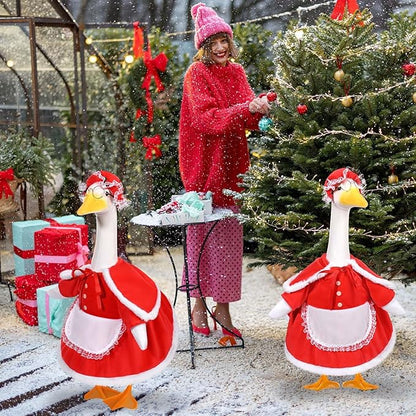 Mrs. Claus Porch Goose Outfits Christmas Lawn Goose Clothes Fits 23" Cement Plastic Goose Statue for Christmas Outdoor Garden Yard Patio Statue Art Decoration