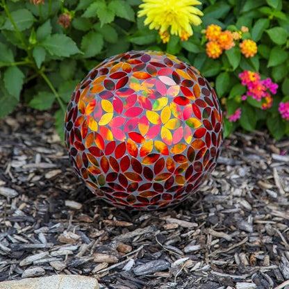 Lily's Home Colorful Mosaic Glass Gazing Ball, Designed with a Stunning Holographic Petal Mosaic Pattern to Bring Color and Reflection to Any Home and Garden, Red and Gold (10" Diameter)