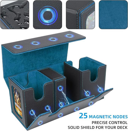AFIING MTG Commander Card Storage Box - Fits 200 Double Sleeved Cards,3-in-1Card Deck Case,Strong Magnet Card Organizer For Magic Commander TCG CCG,4Dividers &2 Toploaders, Black/Cyan