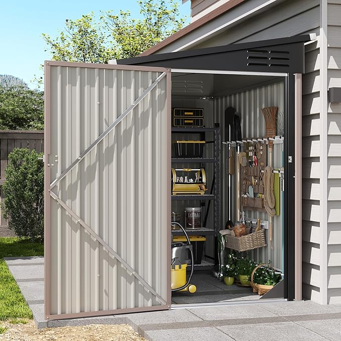 6'x4' Lean to Shed Galvanized Steel Storage Sheds with Side Door Waterproof Utility Shed with Sloped Roof for Mower, Bike, Garden Tools (Brown)