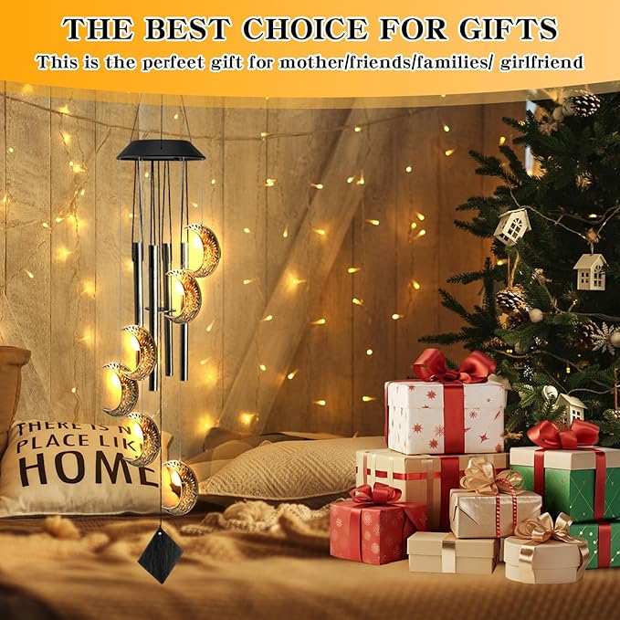 Solar Wind Chimes for Outside, Waterproof Hanging Moon Wind Chimes for Outside，