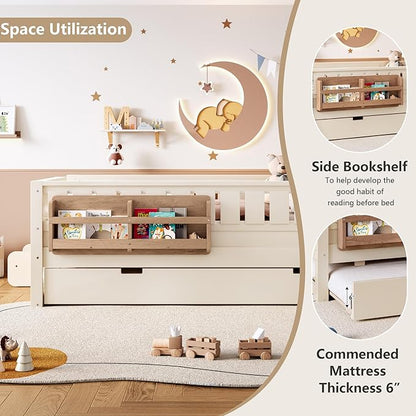 Bellemave Twin Bed with Trundle Twin and Stairs, Twin Size Platform Bed Frame with Fence and Bookshelf, Easy Assemble Beds for Kids, Girls, Boys, Beige