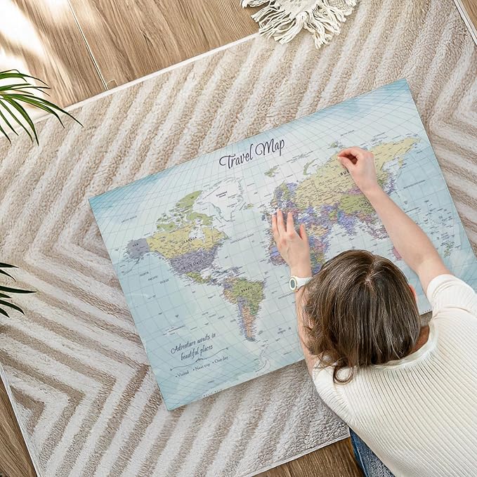 ElephantStock - Push Pin Travel Map World I Wall Art - Horizontal Canvas Wall Art - Living Room Wall Decor - Printmaking Map Canvas Art - Blue And Beige Decor - 36" x 24"