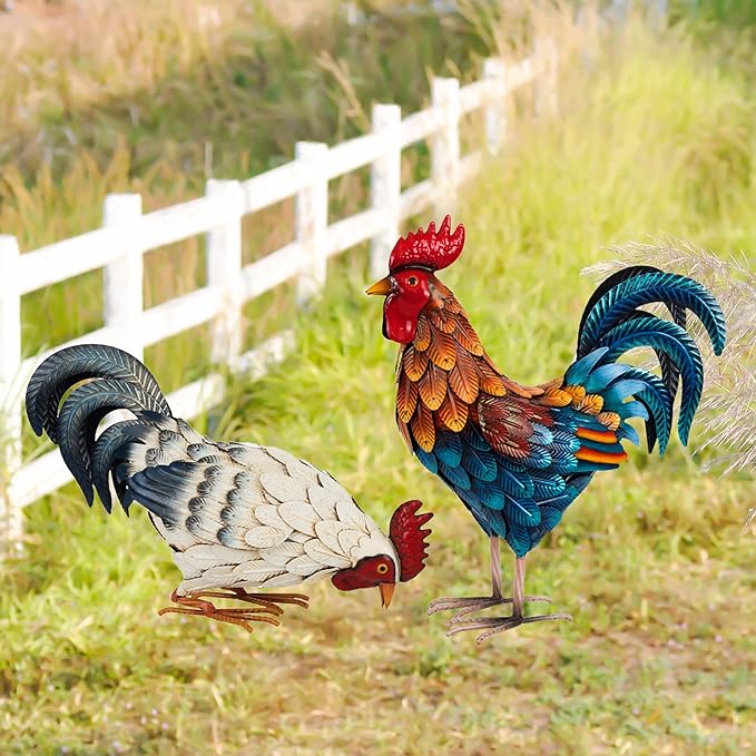 Shorayn Metal Rooster Statues, Outdoor Garden Metal Chicken Decor, Garden Sculptures Chicken Ornaments Yard Art for Backyard Patio Lawn Decorations, Set of 2