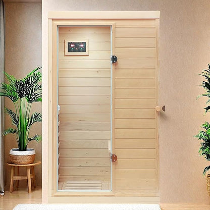 1 Person Far Infrared Indoor Sauna Hemlock Mini Single Person Sauna for Home with LCD Display & Bluetooth on The Left of The Indoor, Natural