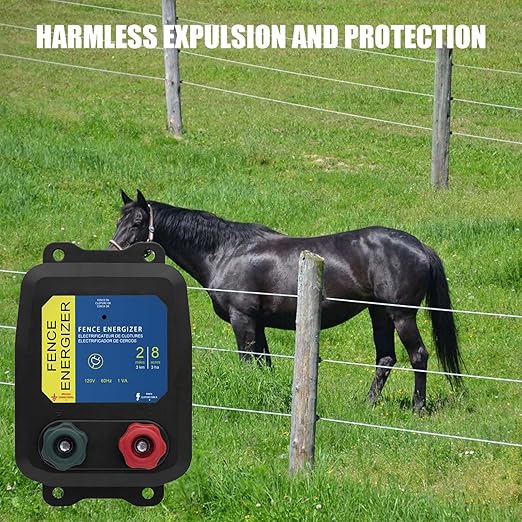 PE2 Electric Fence Energizer for Contain Small Animals, Keep Out Pests and Predators, 8 Acres/2-Mile Output Voltage 5000V, 0.1 Joule,with 17 Gauge Aluminum Wire
