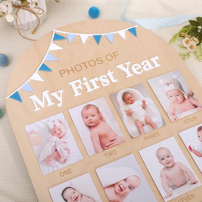 Photos of My First Year Wood Board - Newborn 1 to 12 Months Photo Display,1st Birthday Growth Photos Record Sign,Monthly Milestone Photo Board,Rustic Keepsake Nursery Decorations