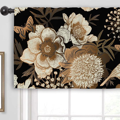 Miyotaa Black Flower Kitchen Curtain Valance 54W x 18H Rod Pocket Vintage Bird Butterfly Botanical Retro Plant Blossom Window Treatment for Living Room Bedroom Bathroom